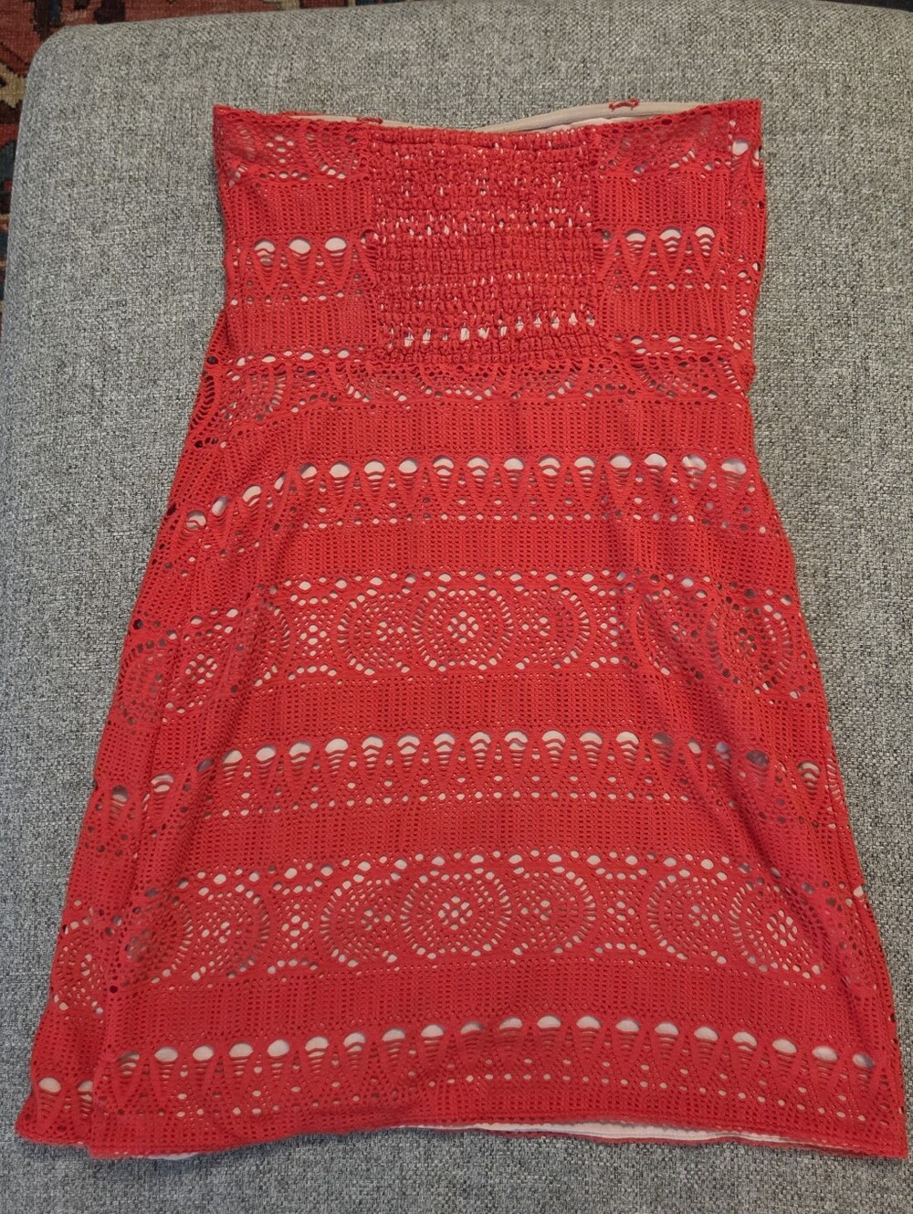 Free People Oceanside Strapless Ruched Dress Sz Med Crochet Lace Red Orange - Picture 9 of 12